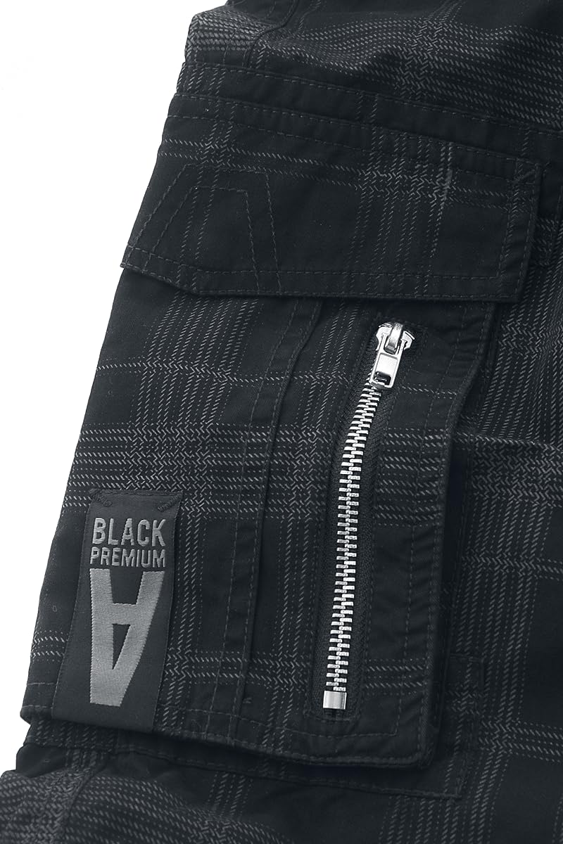 Black Premium by EMP Hombre Pantalón Corto Negro con Estampado de Cuadros