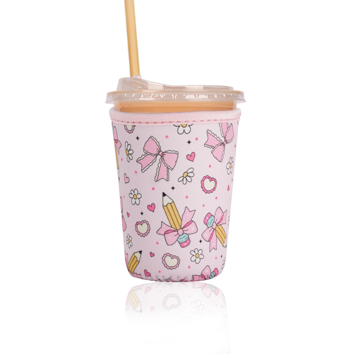 Reusable Insulated Sleeve for Iced Coffee Cup, Coffee Neoprene Sleeve for Cold &amp; Hot Drinks, Beverage Holder for Iced Coffee (Pencil Bows, Small: 16-18oz)
