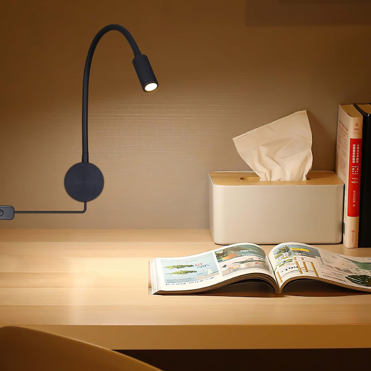 Wall Mounted Reading Light LED 3W Warm White 3000K Plug Cord Black Finished