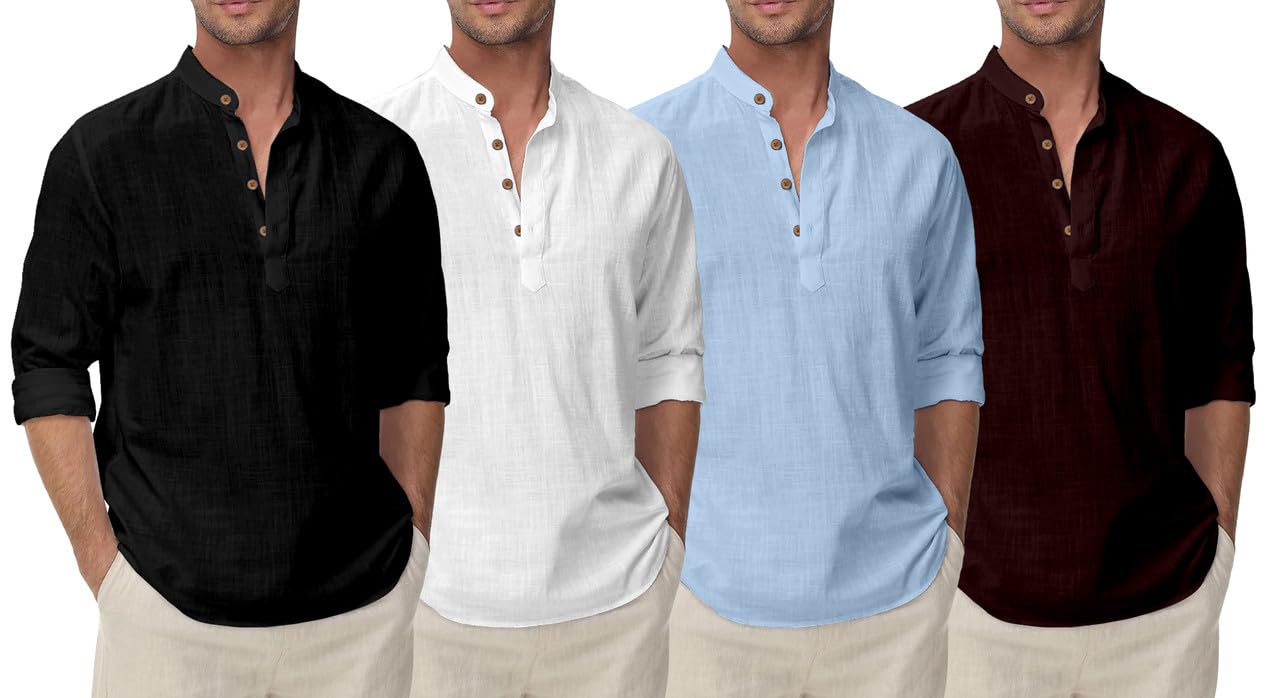 Combo Men's Kurta Shirt Pack of 4 Cotton Blend | Solid Color, Mandarin Collar Short Kurta for Men | Regular Fit Ethnic & Casual Wear-image-34