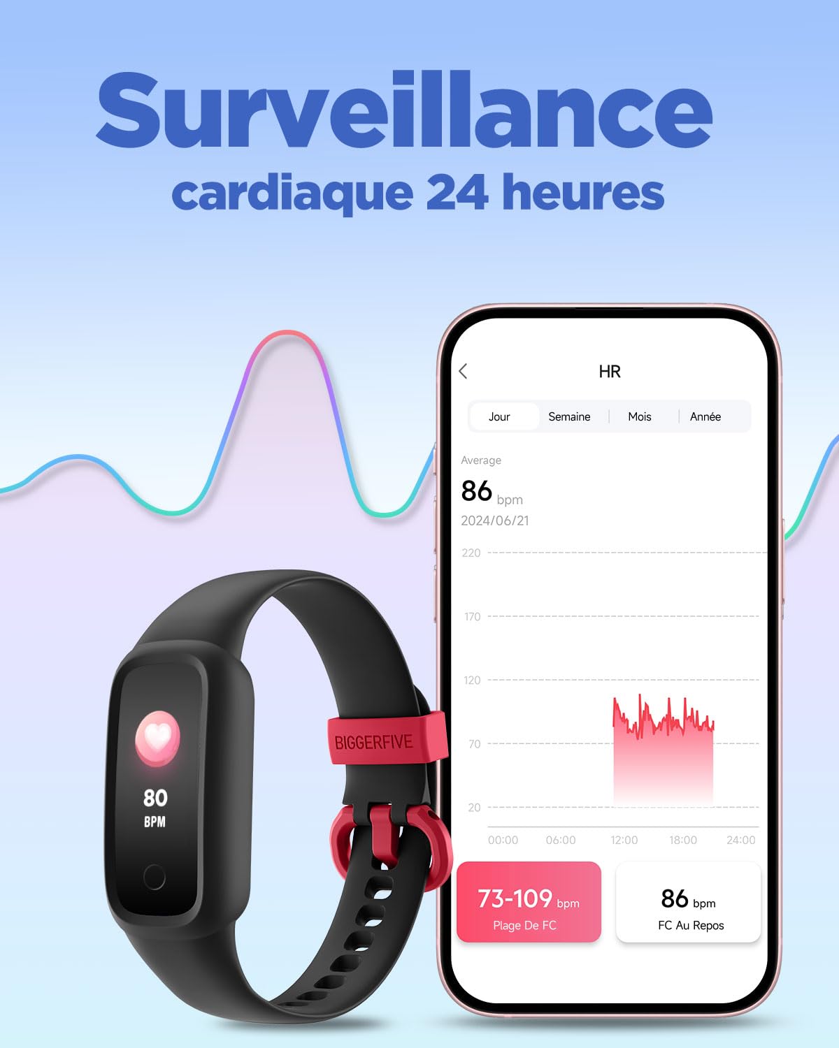 BIGGERFIVE Vigor 2 L Montre de Fitness Enfants 5-15 Ans IP68 Tracker d'Activité Podomètre Moniteur Cardiaque Noir