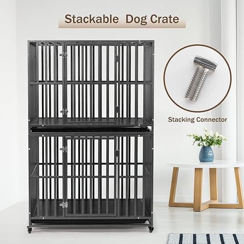 Miniatura 7 de LUCKUP Jaula para perros resistente, jaula de metal grande de 38 pulgadas con 2 puertas y 4 ruedas, perrera apilable para perros grandes y medianos,