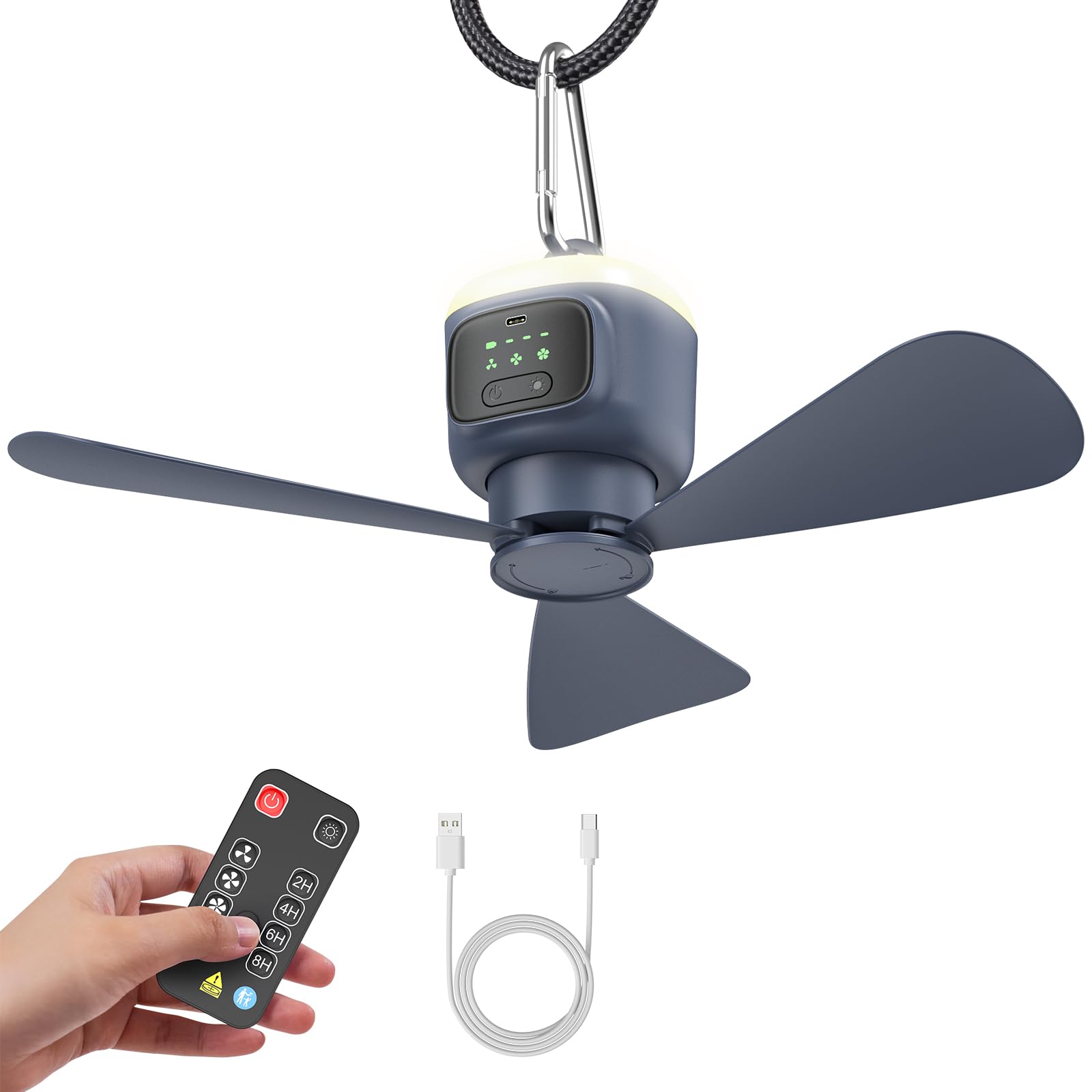 Vulaop 12000mAh Camping Ventilator, Tragbarer Deckenventilator mit Beleuchtung Camping, USB, 4 Geschwindigkeiten & 2-8h Timer, Zeltdeckenventilator 