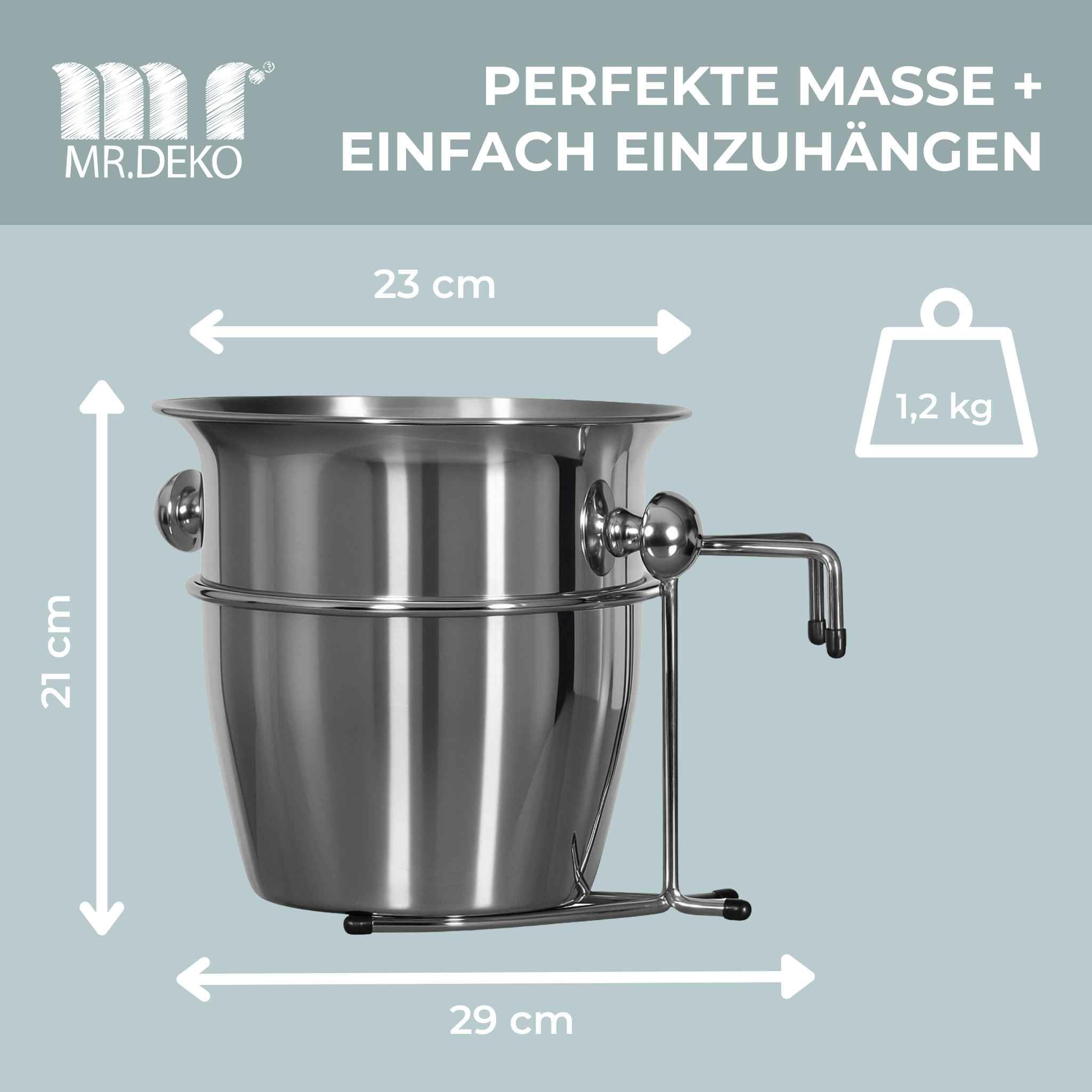 MR. DEKO Strandkorb-Zubehör Champagnerkühler Edelstahl 2tlg. | Sektkühler mit Halterung Rostfrei | Weinkühler-Set für Gartenmöbel | Flaschenkühler | Getränkekühler-Halterung Strandkorb-Einsatz