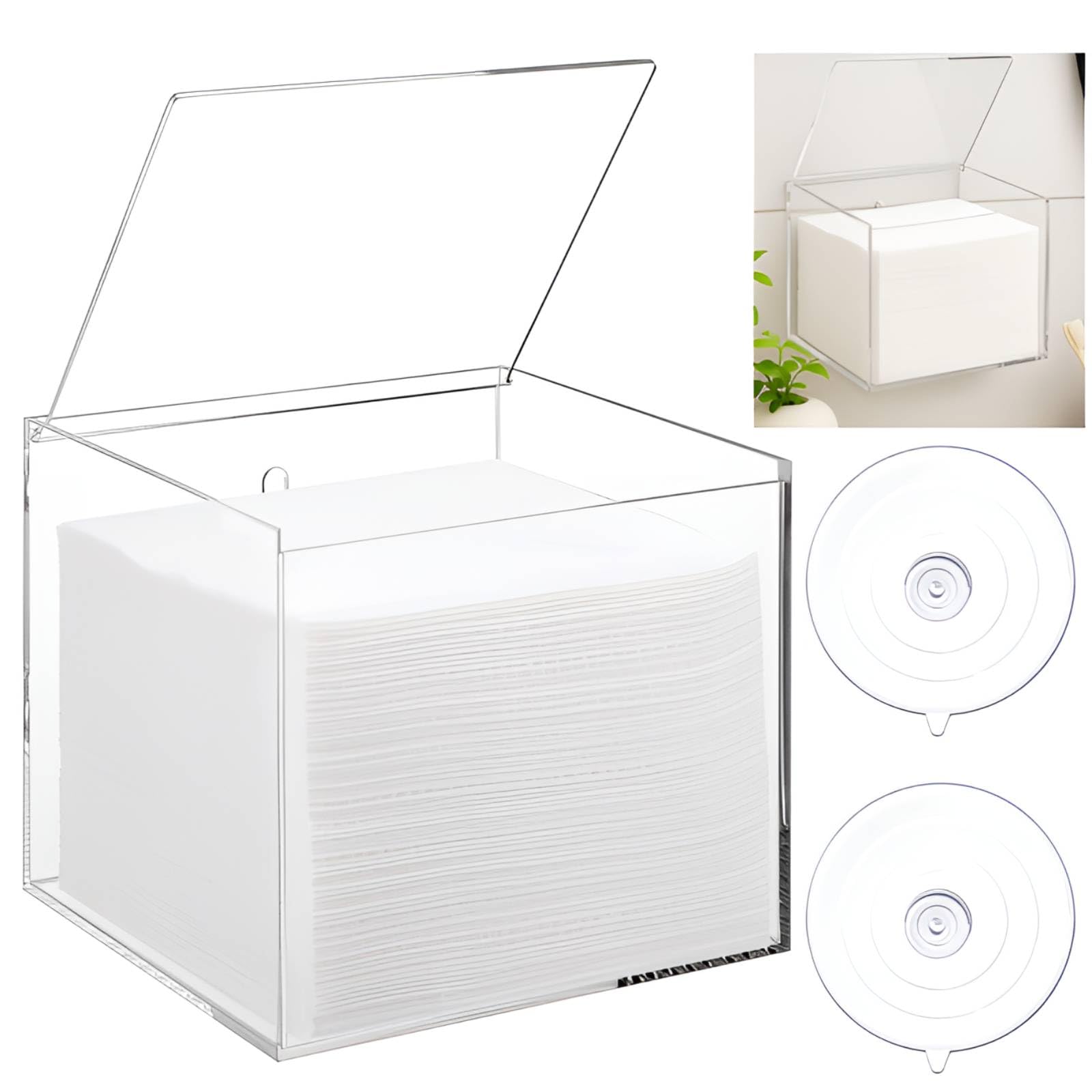 Photo 1 of **BROKEN LID**Yalikop Wall Mounted Disposable Facial Towel Storage Box Holder, Clear Acrylic Box for Clean Towels XL (Not Included), Disposable Face Towelettes Organization Container for Bathroom Cleansing Dry Wipe