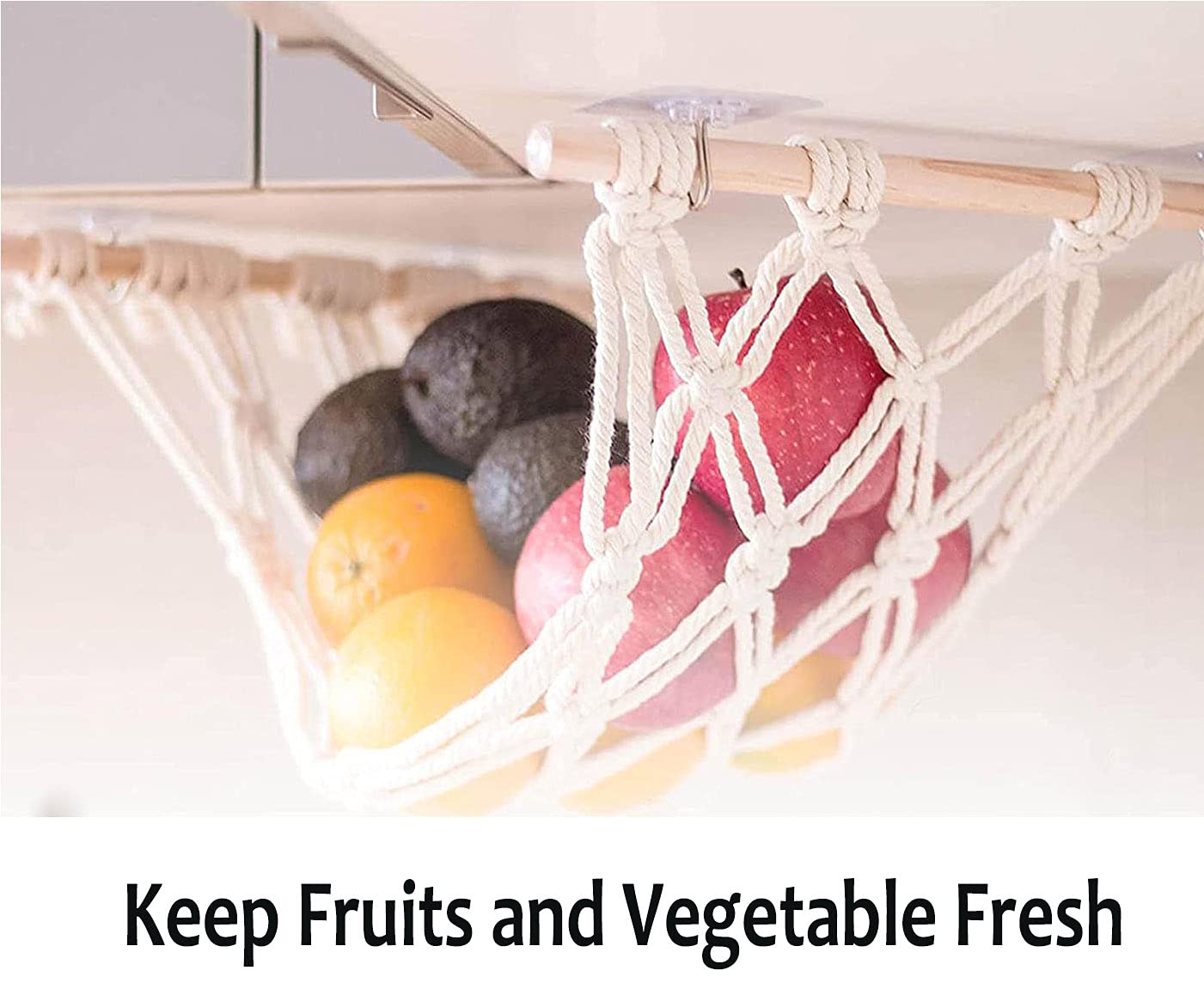 Macramé Fruit Hangmat voor Keuken Onder Kast - Banaan Hangmat Fruit Holder- Opknoping Fruit Hangmat Onder Kabinet - Groente Hangmat - Produceren Hangmat - Macramé Fruit Mand- Fruit Opslag- CREAM