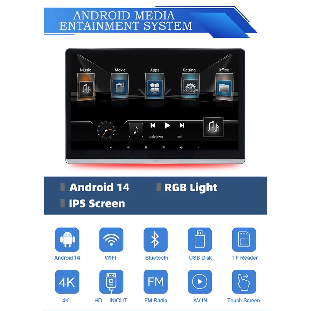 Écran d'appui-tête Android 14 Pouces HD Tactile avec 2 Go de ROM et | de RAM. Système multimédia arrière multifonctions avec sortie vidéo, TV et radio FM.