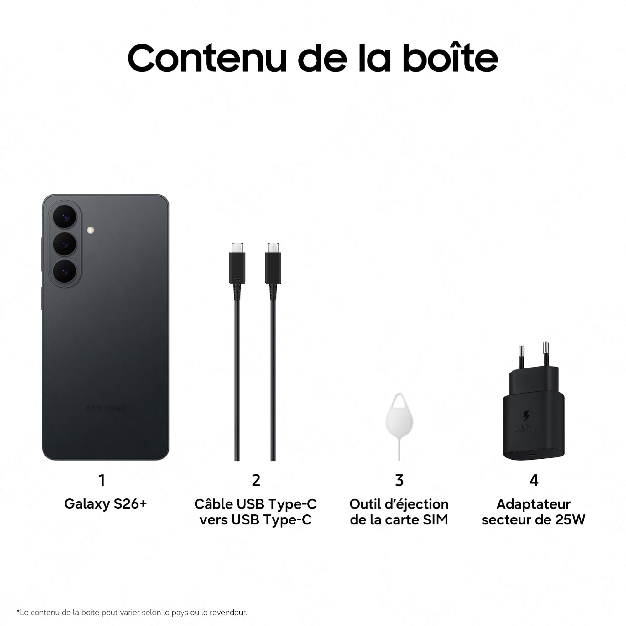 Samsung Galaxy S26+, Smartphone Android 5G avec Galaxy AI, 512 Go, Chargeur Secteur Rapide 25W Inclus, Smartphone déverrouillé, Noir, Version FR