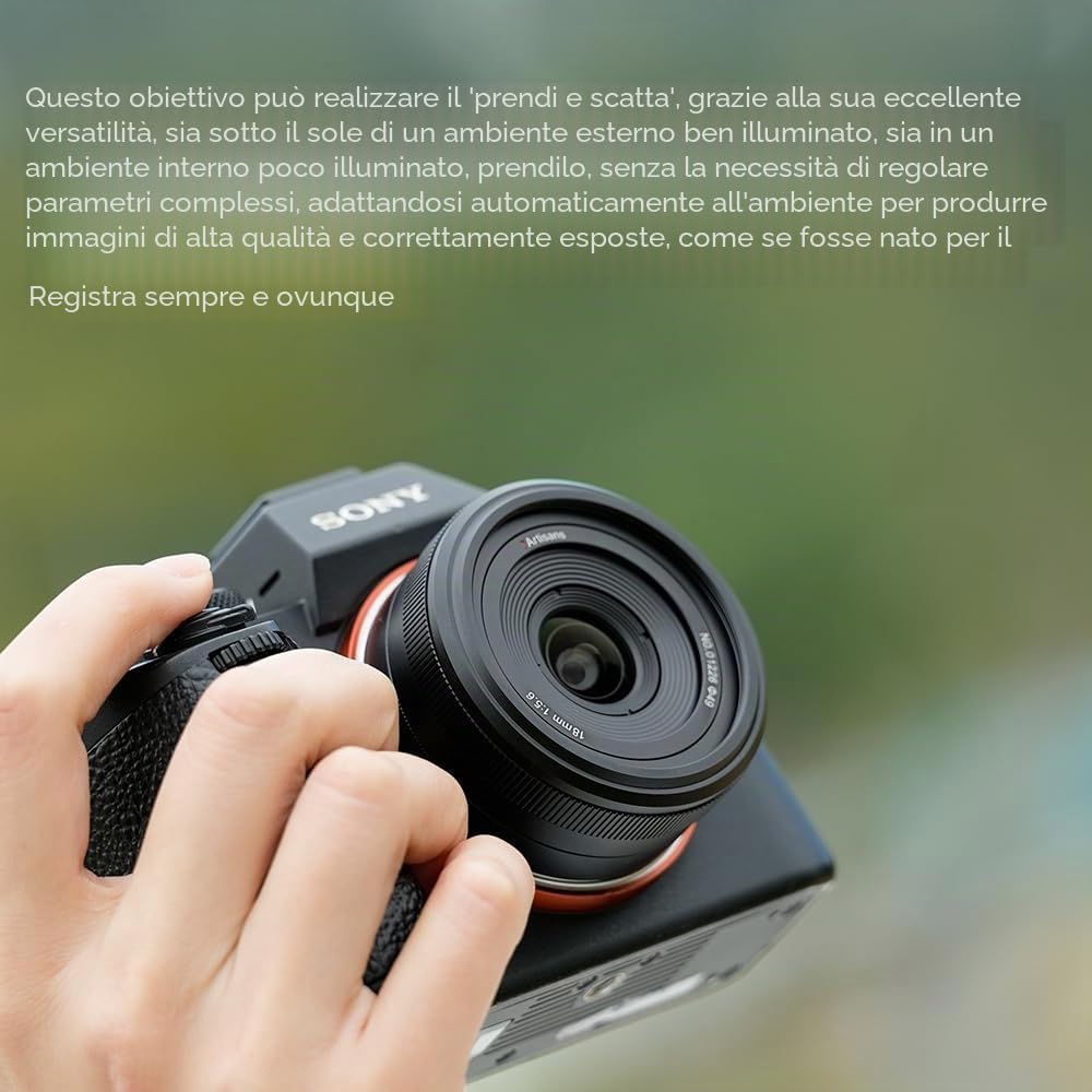 7artisans 18mm F5.6 Full Frame Obiettivo per Sony E Mount, Ultra-Wide Angle Pancake Obiettivo Compatibile con Sony E-Mount Fotocamere A5000 A6000 A6100 A6300 A6400 A6500 A6600 NEX-3 NEX-3N