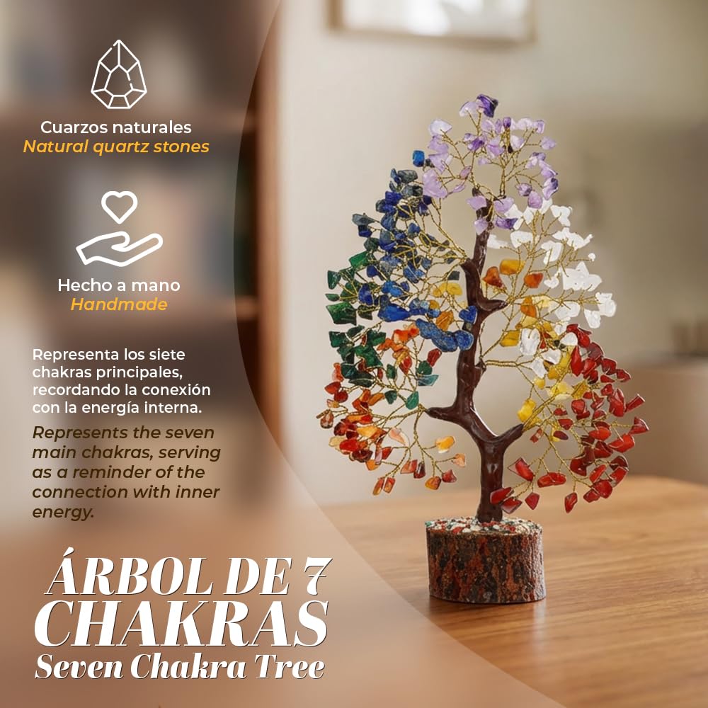 Árbol 7 Chakras de Piedras Semi-Preciosas - 27cm Alto y 300 Piedras - Árbol Energético Feng Shui – Bonsái de Armonía y Decoración – Amatista, Cuarzo, Citrino, Aventurina y Más