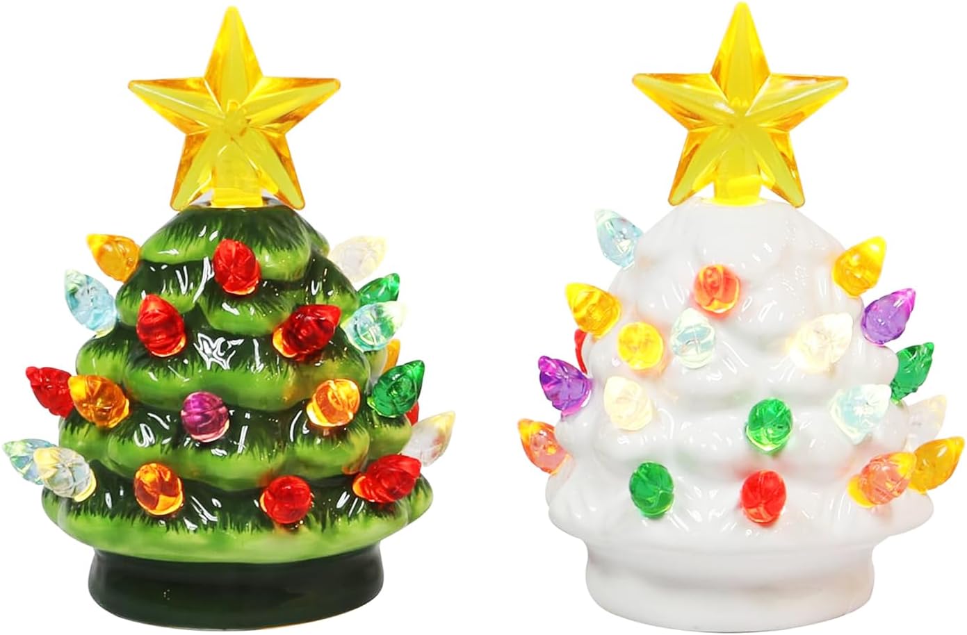 moments in time ceramic christmas tree set of 2 mini 3.5”h led light up tabletop trees with multicolor bulbs & star topper, battery operated, vintage holiday décor for mantel table or desk