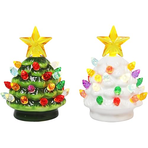 MOMENTS IN TIME Ceramic Christmas Tree Set of 2 Mini 3.5”H LED Light Up Tabletop Trees with Multicolor Bulbs & Star Topper, Battery Operated, Vintage Holiday Décor for Mantel Table or Desk
