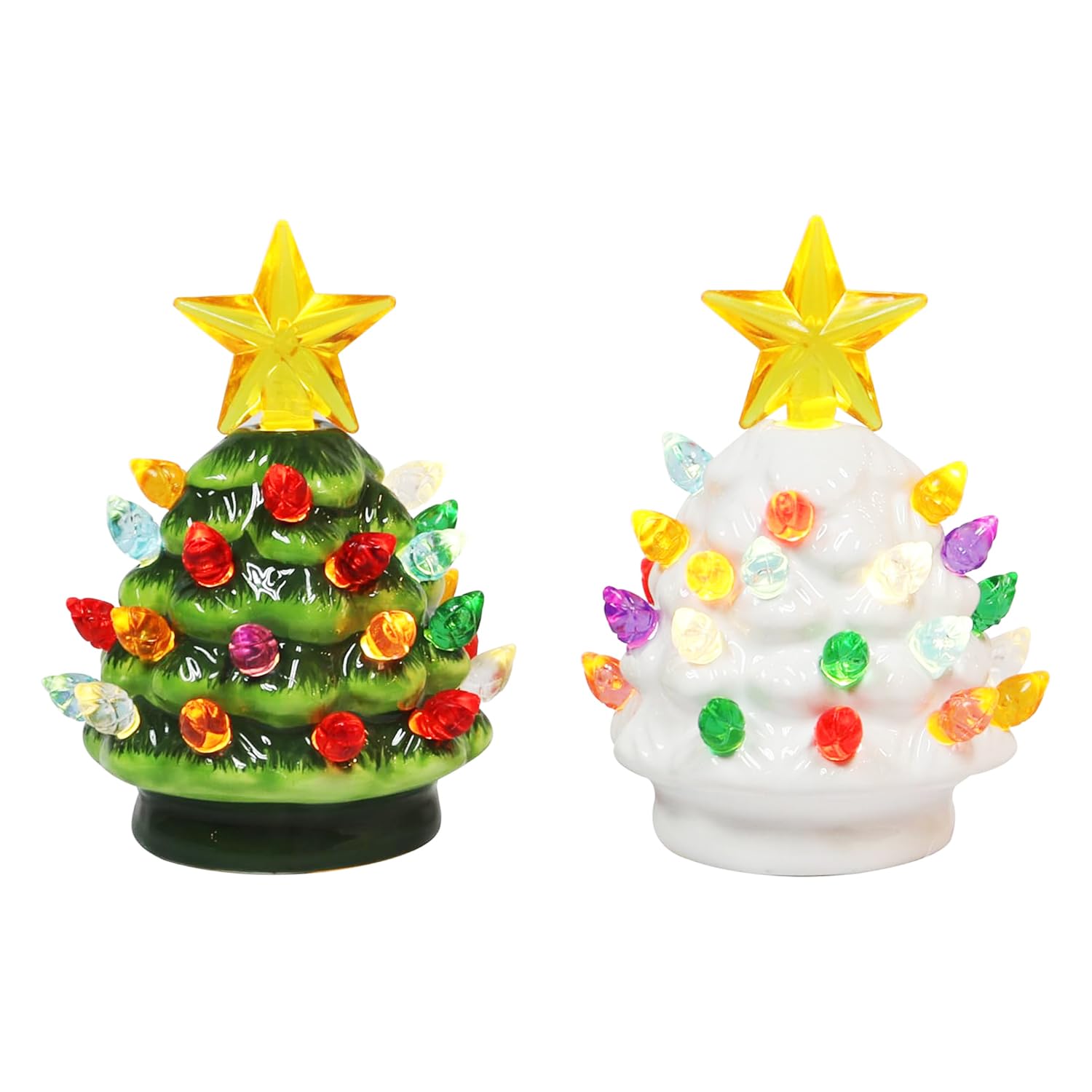MOMENTS IN TIME Ceramic Christmas Tree Set of 2 Mini 3.5”H LED Light Up Tabletop Trees with Multicolor Bulbs & Star Topper, Battery Operated, Vintage Holiday Décor for Mantel Table or Desk