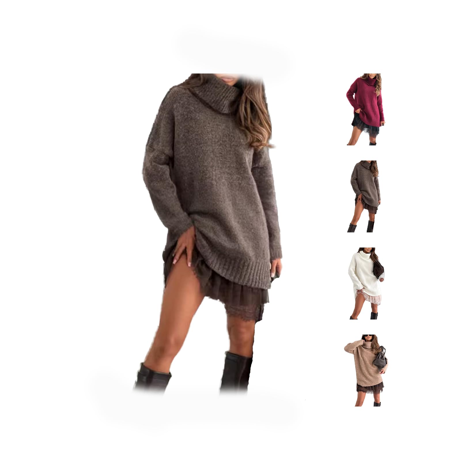 Womens Turtleneck Sweater and Mini Dress Set Loose and Soft Sweater Dress and Lace-Trimmed Slip Dress