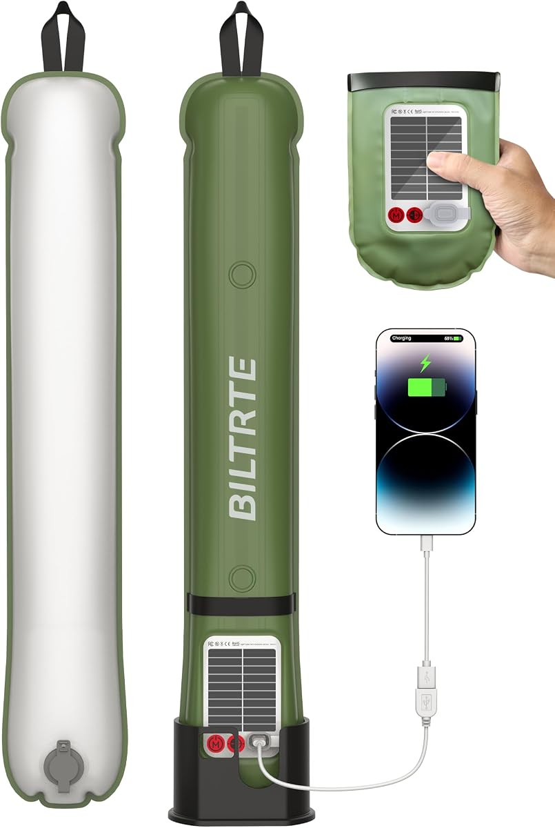24" Inflatable Solar Camping Lantern IP66 TPU Emergency Hiking Light(Green) | 4000mAh Battery | Magnetic Hanging LED Tube | USB-C Rechargeable & Phone Charger for Outages, Backpacking & Survival Kits