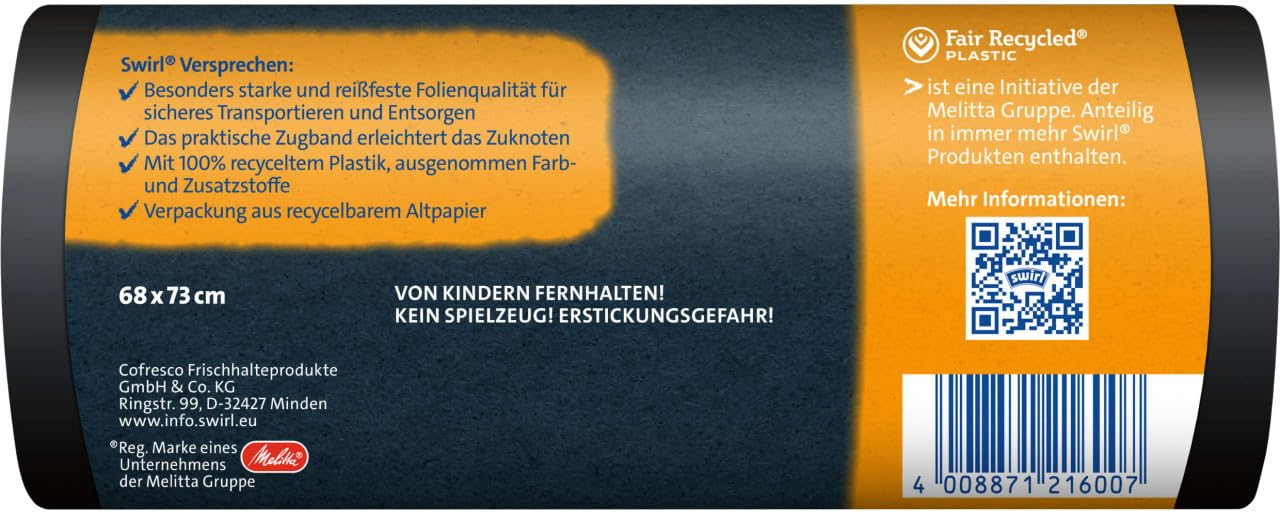 Swirl 4008871216007 Professional Heavy Duty Bags 60 L Capacity 68 cm x 73 cm Pack of 12