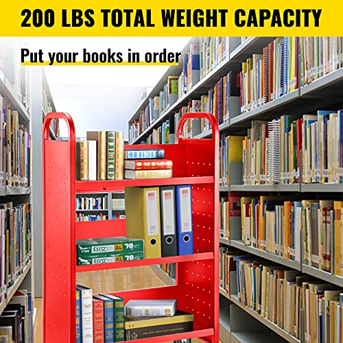 Bestequip Book Cart, 200 Lbs Library Cart, 49.2''X29.5''X13.8'' Rolling Book Cart, Single Sided V-Shaped Sloped Shelves With 4'' Lockable Wheels For Home Shelves Office School Book Truck, Red #TOP2