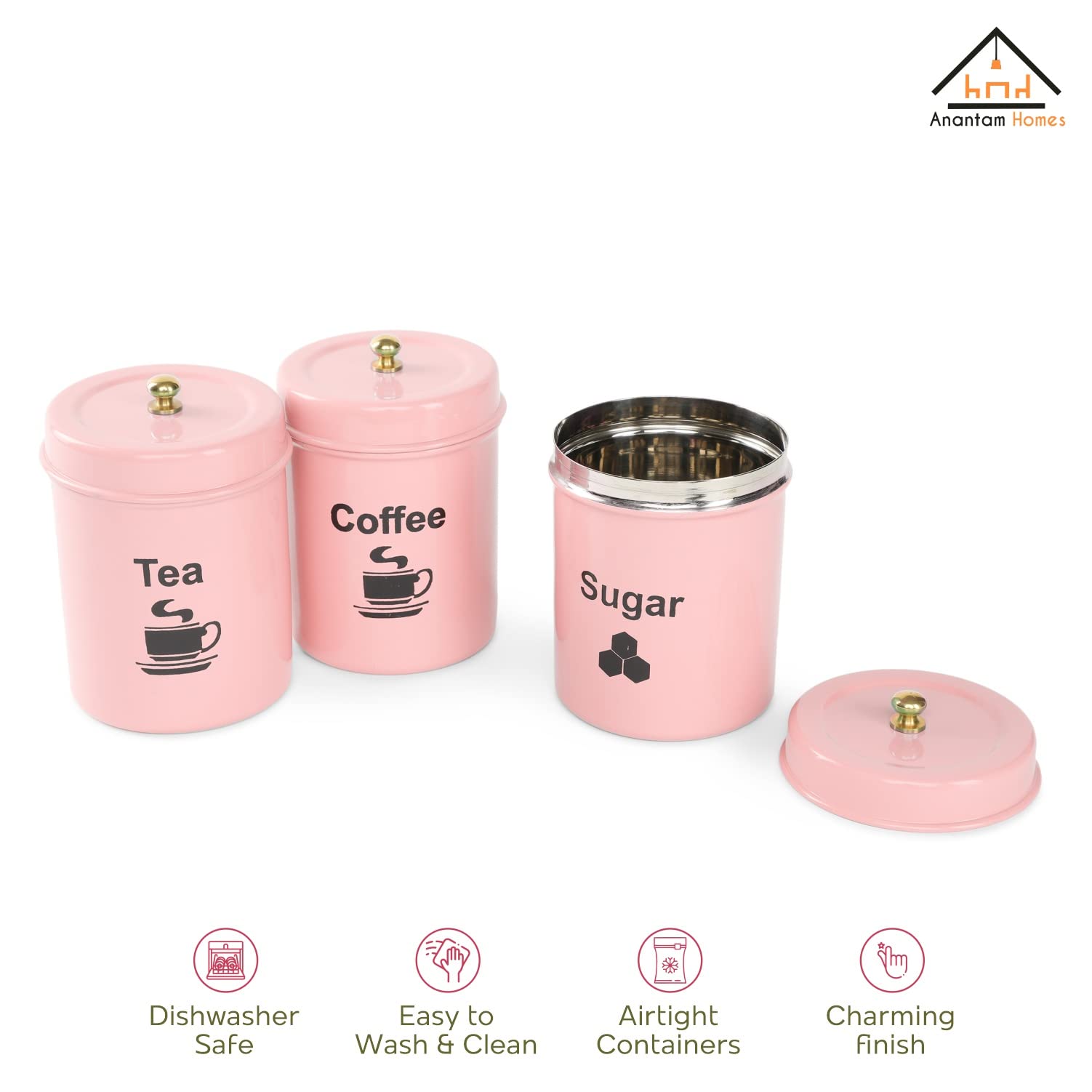 anantam homes Tarro de acero inoxidable | Contenedor | Juego de recipientes para té, café y azúcar | Juego de 3 recipientes para té, café y azúcar | 800 ml cada uno (TCS-rosa claro)