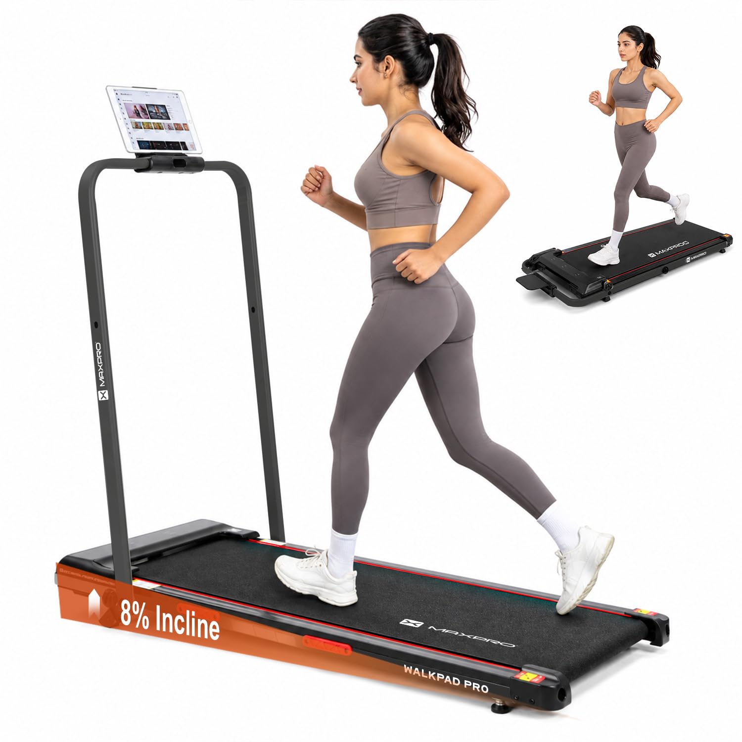 MAXPRO Walking Pad with Handle 3.5HP BLDC Motor Treadmill for Home use | 12km/hr Speed | 110kgs Max. User Weight | 8% Incline| LED Display, Shock Absorbtion, Compact underdesk Treadmill for Home Gym