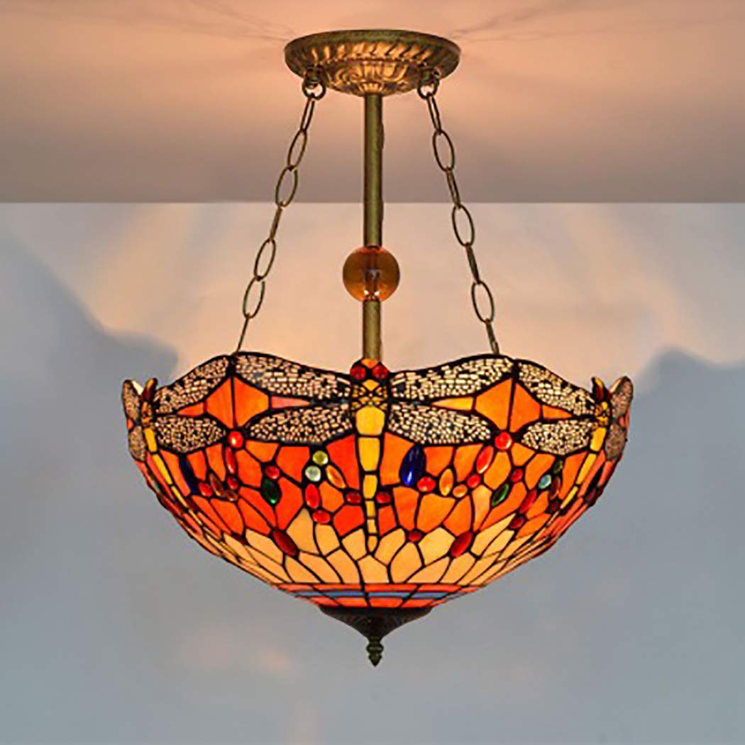 Red Dragonfly Pendant Lamp Stained Glass Retro Ceiling Light 16 Inches