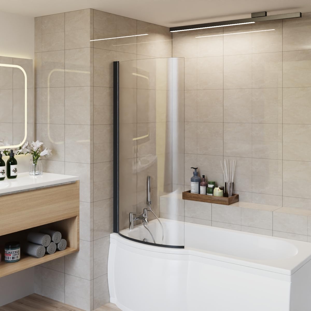 Aquariss Black 1400X715mm 6Mm Curved Easy Clean Toughened Safety Glass Pivot Bath Screen Panel For P-Shaped Bath Aluminium Profile