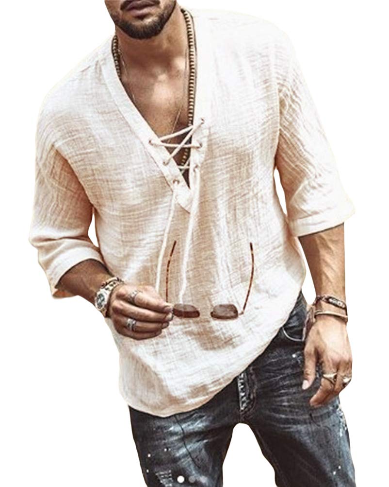 Camicia in lino da uomo, a maniche corte, con bottoni, leggera e