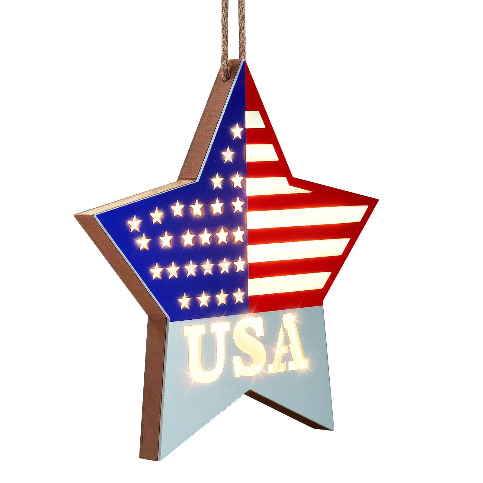 Pre-Lit 4th of July Welcome Sign for Front Door, 12 Inch Patriotic Wreaths Hanging Door Sign Built-in LED Lights, Timer, Battery Operated Welcome Sign for Door, Wall, Porch, Farmhouse July 4th Decor