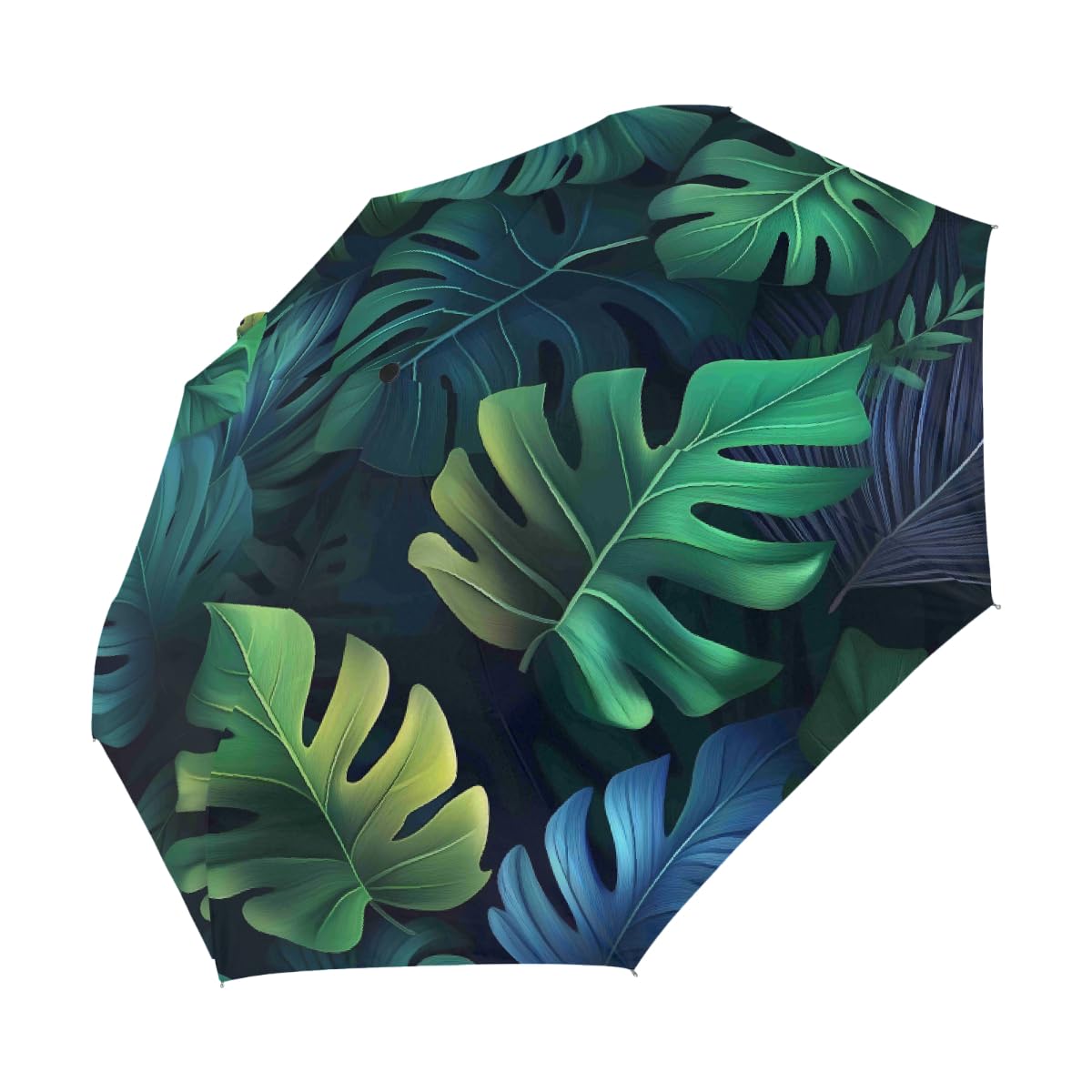 Ombrello pieghevole estivo con foglie di palma tropicale, ombrello da viaggio, compatto, antivento, impermeabile, con protezione UV, rivestimento nero, leggero, 8 costine, portatile, per