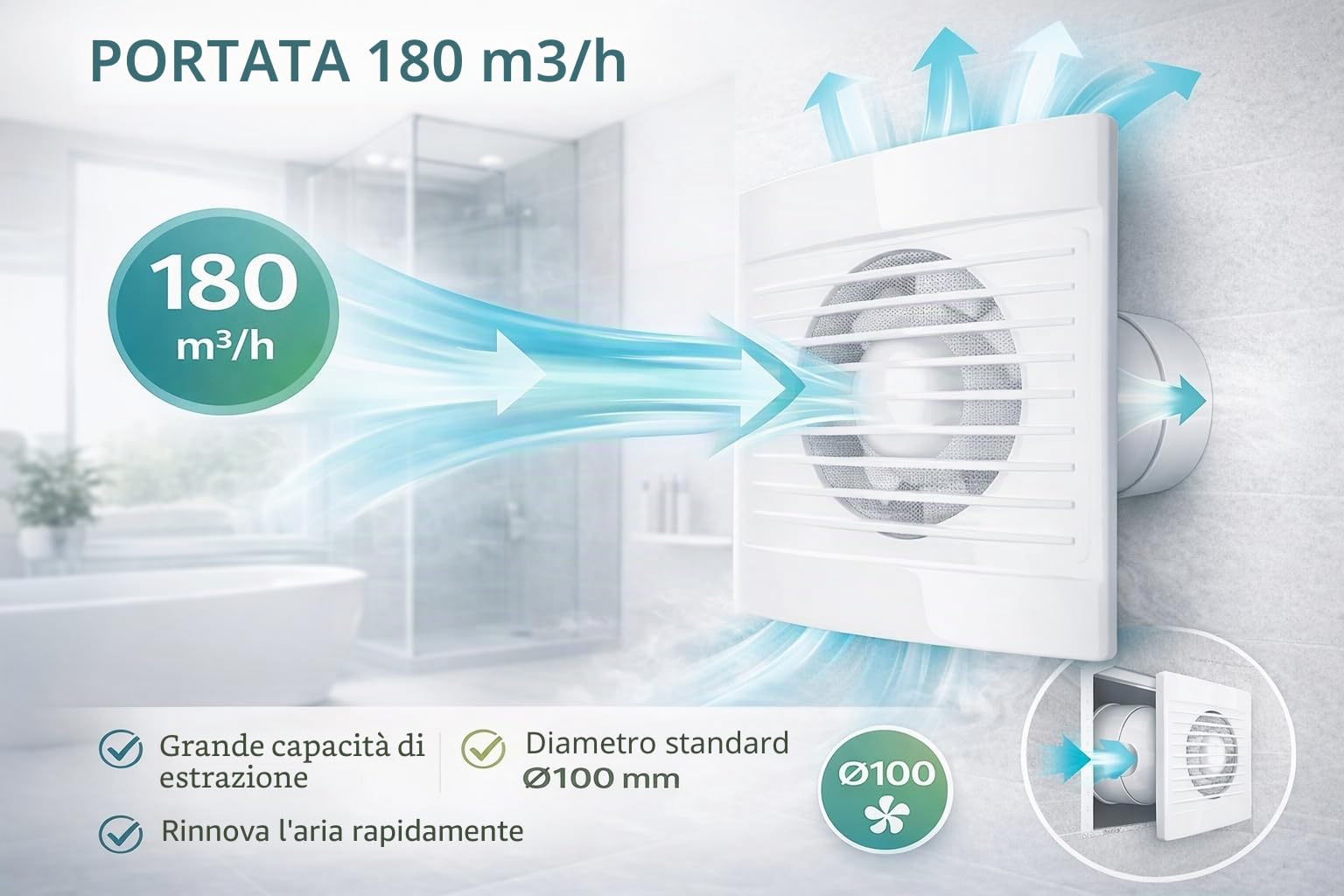 RASMACOR Aspiratore Aria 100 mm EXT-001 | 15W A+ Ultra silenzioso (36 dB) | Portata 180 m³/h | Extra piatto | Valvola di non ritorno & Griglia anti-insetti | Bagno, parete e soffitto