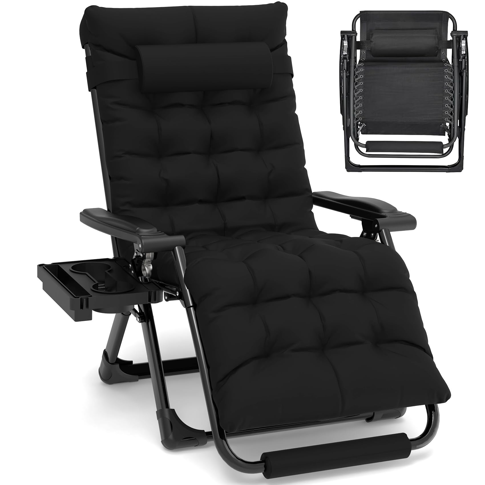 slendorOversized Zero Gravity Chairs XL, Padded Anti Gravity Chair, 29in Zero Gravity Lounge Chair, Folding Reclining Chair w/Aluminum Alloy Lock, Headrest, Cup Holder, Support 440lbs, Black