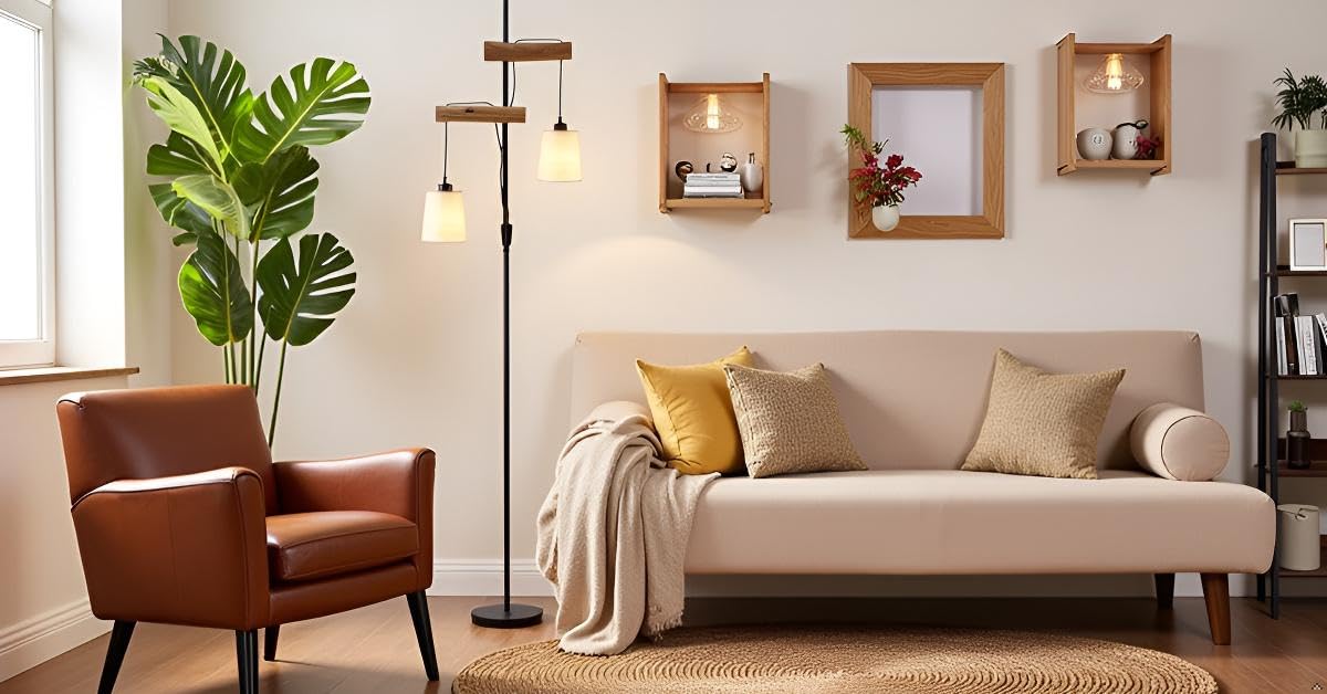 Osasy Piantana lampada da terra vintage design,lampada da terra salotto moderna in legno e metallo con 2 paralume in bianco/beige panno e portalampada e27 Max 60W per soggiorno e ufficio