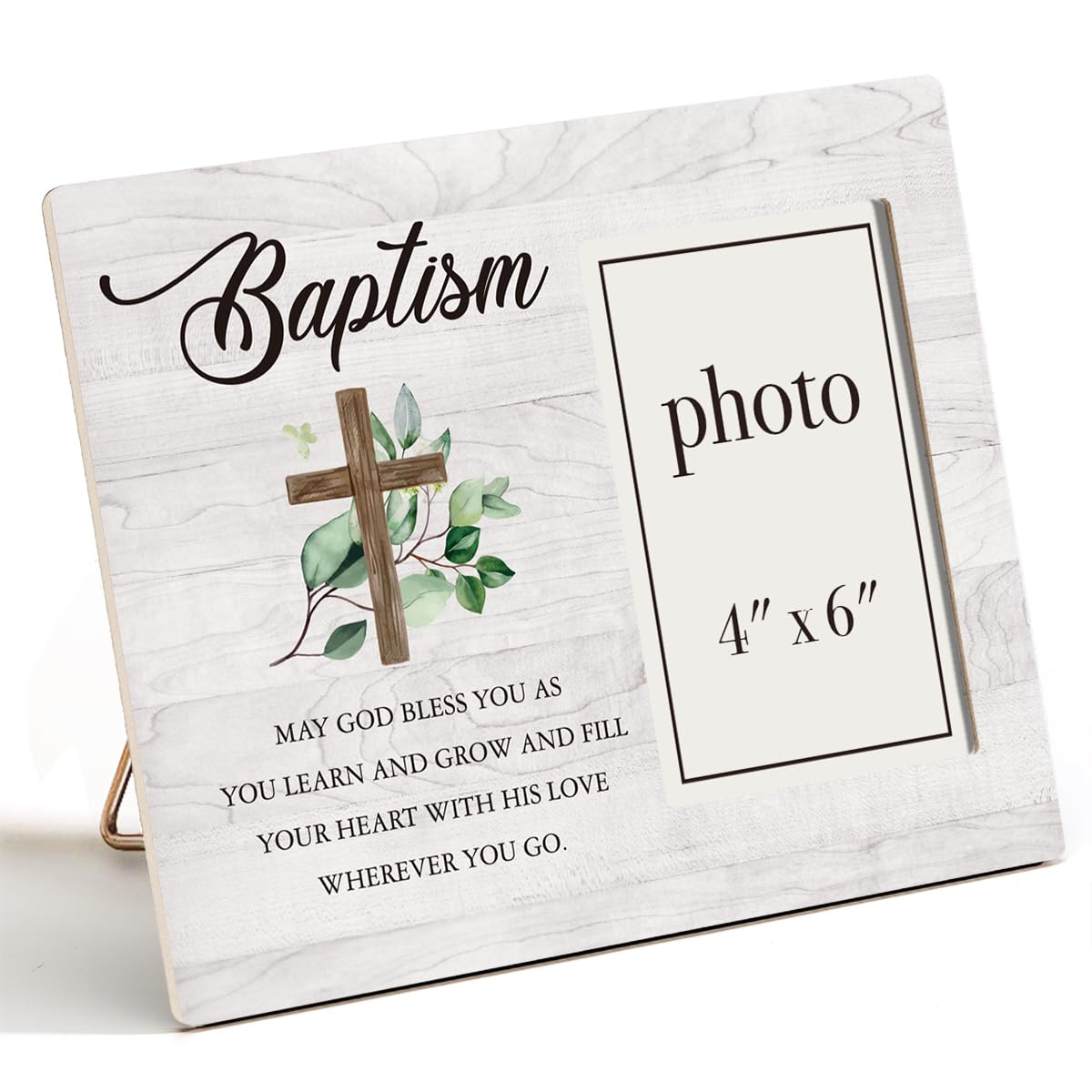 Baptism Picture Frame, Baptism Gifts for Boys, Christening Gifts for Girls, Catholic Baby Gift Wood Photo Frame, 4 x 6 Inch Photo