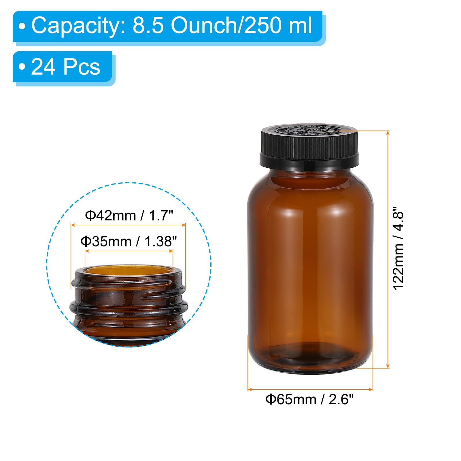 PATIKIL 8.5oz/250ml Glas Packer Flaschen 24Stk Runde Weithalsflaschen Packer Flaschen Mit Schwarzem Rippendeckel Für Reagenzien Flüssigkeiten Ätherische Öle Parfüm Bernstein