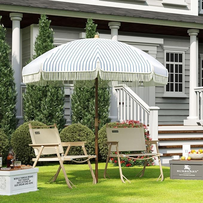 Aoxun Patio Umbrella 7ft Outdoor UV 50+ Protection Umbrella with Fringe Picnic Umbrella with Ribs Push Button Tilt and Carry Bag, White