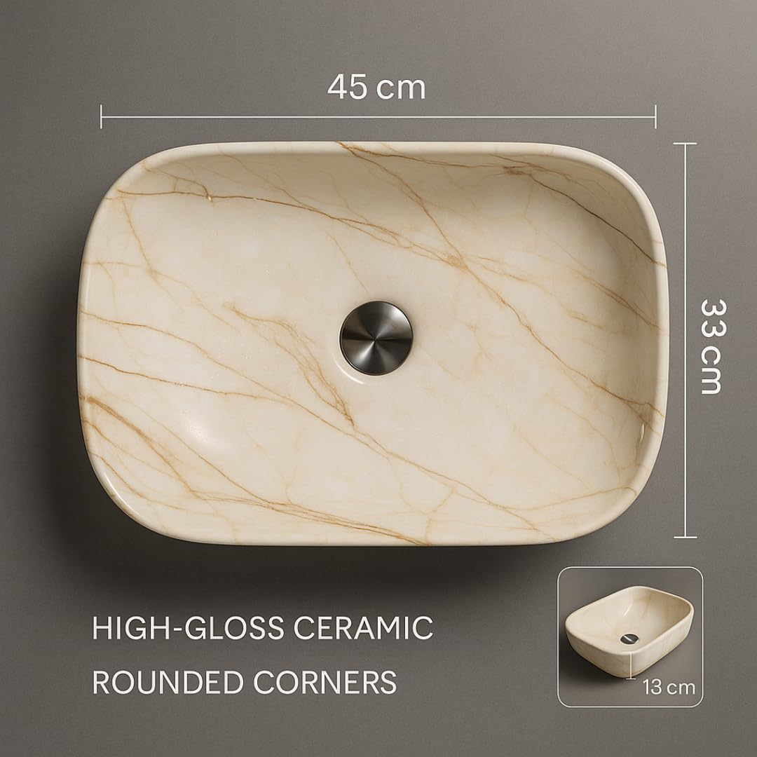 HISRE Table Top Wash Basin For Bathroom | Over Counter Top Wash Basin For Living Room | Washbasin Countertop | Tabletop Ceramic Bathroom Kitchen Sink (45 x 33 x 13 CM) (White - SKTP401) 1