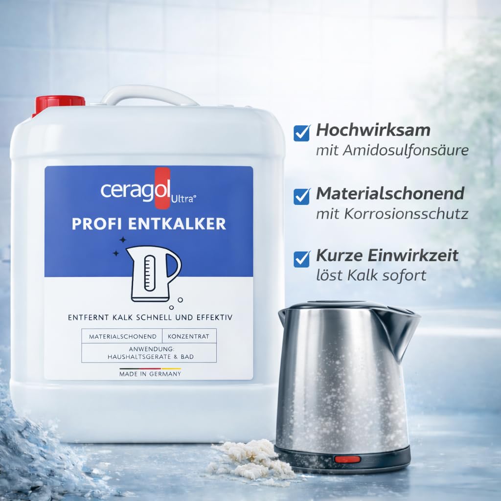 ceragol ultra Profi-Entkalker – hoch-konzentrierter Kalk-Reiniger für Küche und Bad, Flüssig-Entkalker für eine schnelle Entkalkung, 10 l für ca. 100 Anwendungen