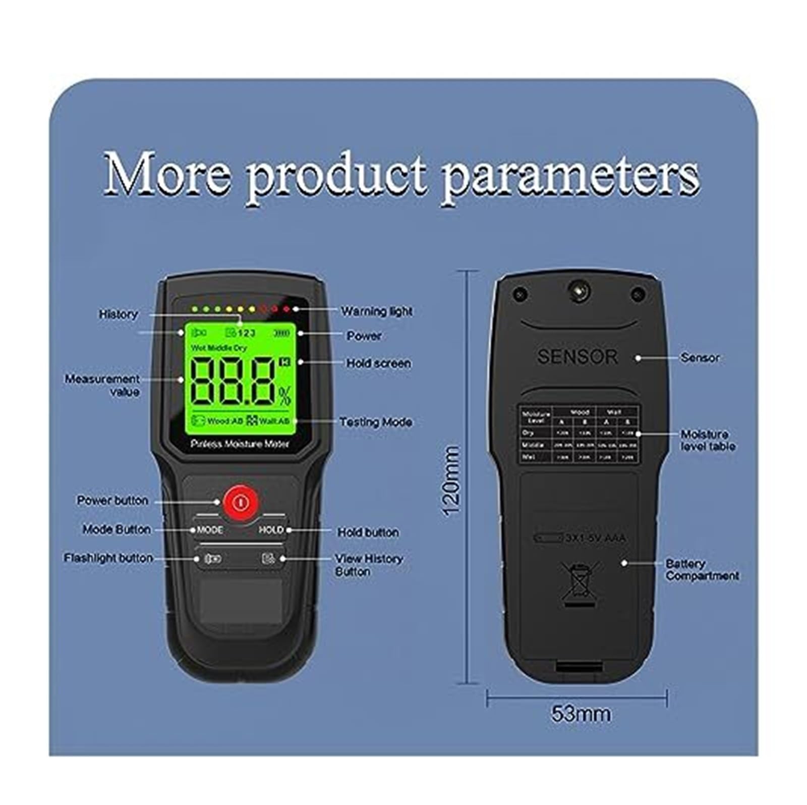 Higrómetro sin clavija M80 Medidor de humedad digital LCD for madera y hormigón - Detector con retroiluminación