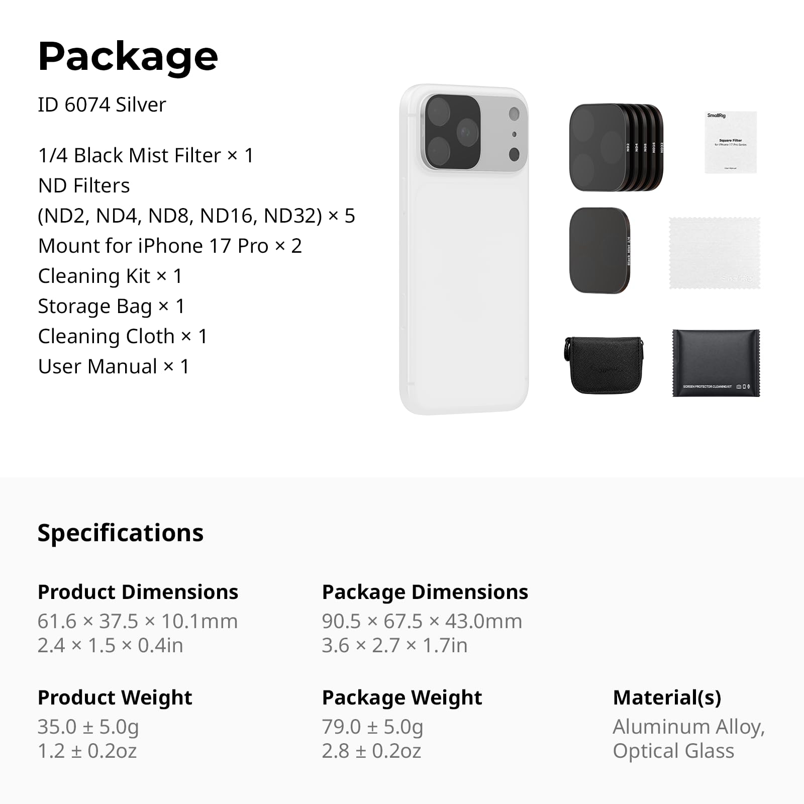 SMALLRIG Kit de filtres carrés ND et Black Mist pour iPhone 17 Pro, filtres magnétiques avec Support, Filtre de Diffusion Black Mist 1/4/ND2/ND4/ND8/ND16/ND32, Lot de 6, Argent - 6074