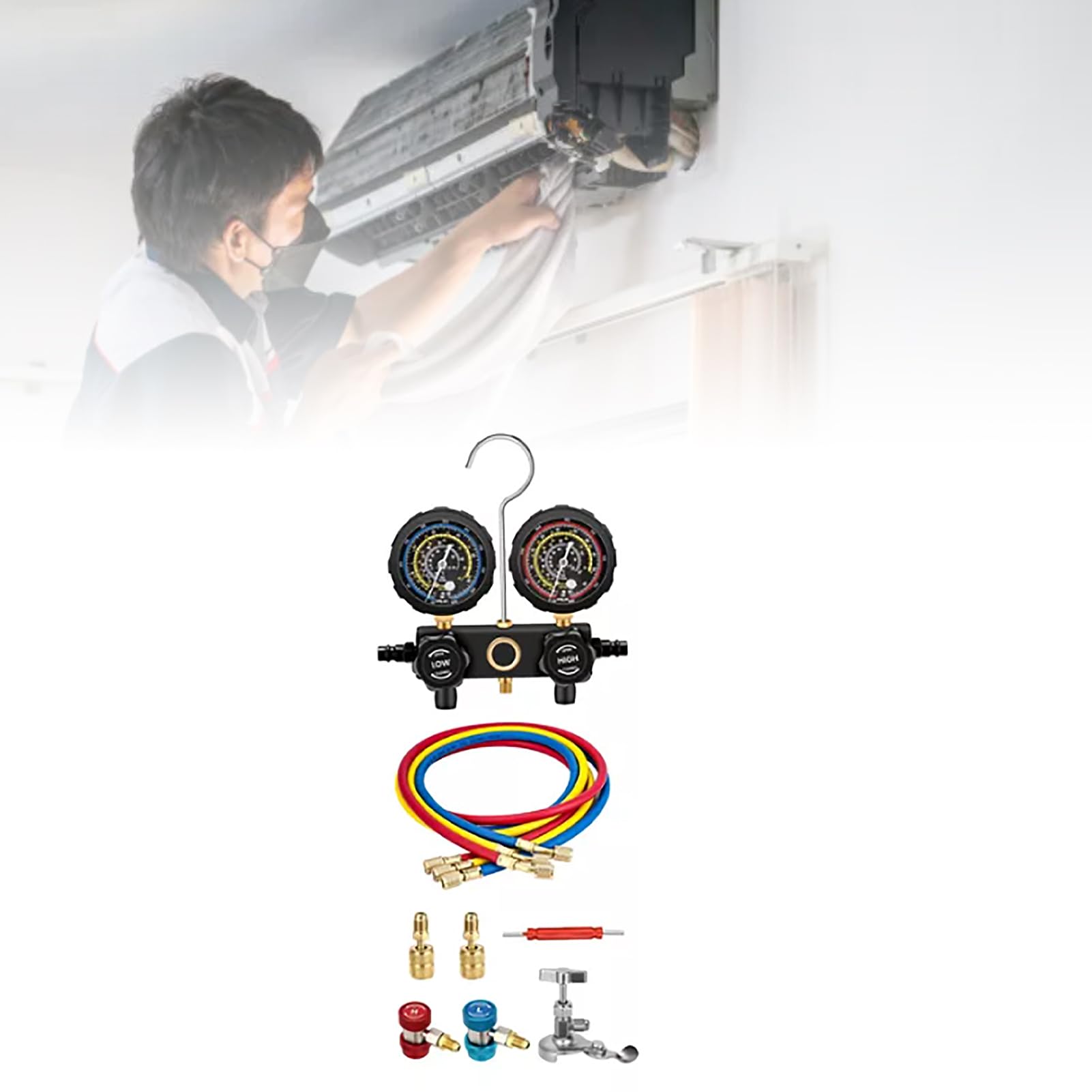 Qcwwy Juego de Manómetros de Colector de Refrigerante, R410A R22 R134a R404A Juego de Manómetros de CA Medidor de Presión de CA Herramientas de Reparación de Líneas de Aire