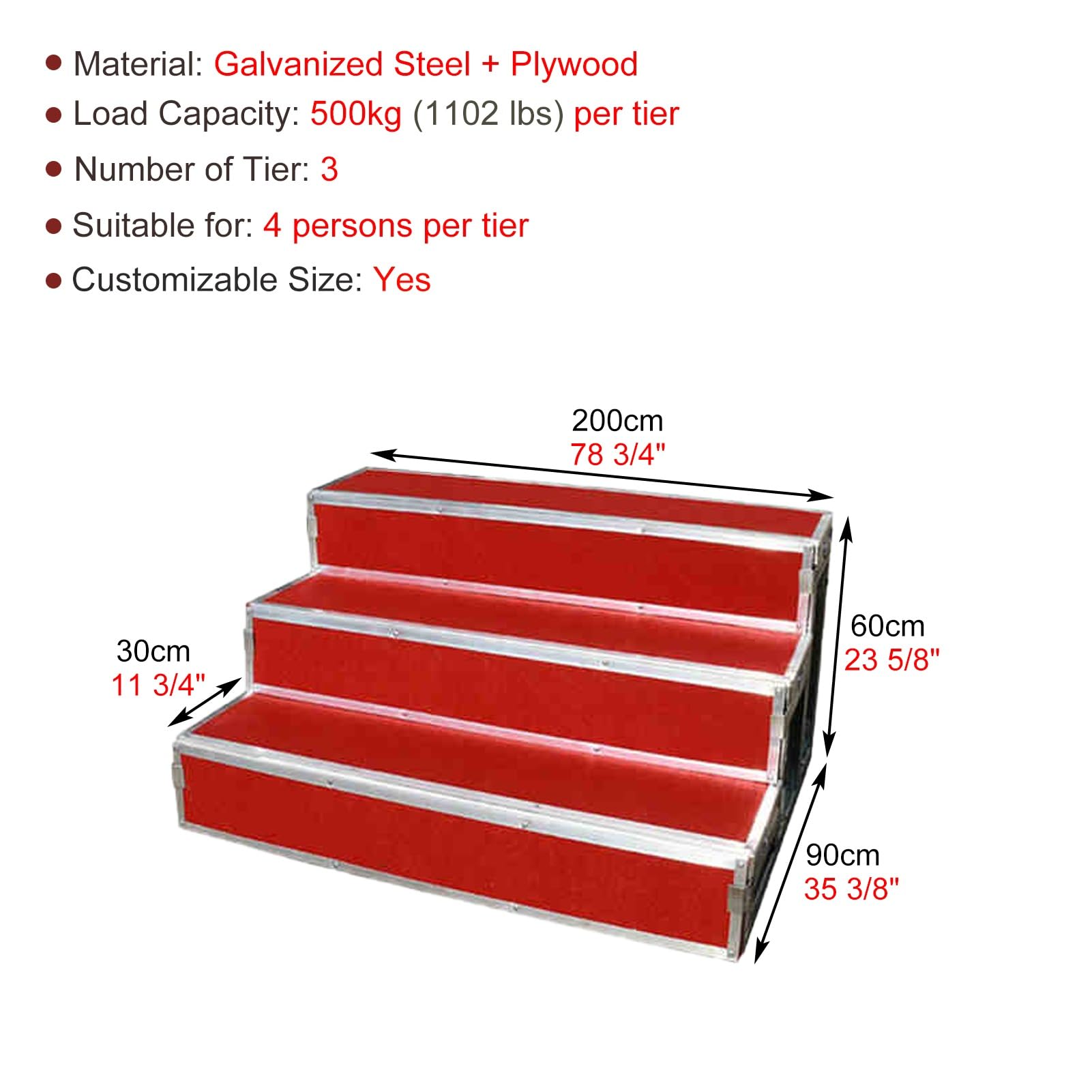 Plataforma escénica, tarimas corales Rojas de 2/3 Niveles, Plataformas escalonadas con moqueta para Coro, Taburete Recto para Cantar de pie, Banco de Escenario Comercial (3 Niveles, 78,75" d
