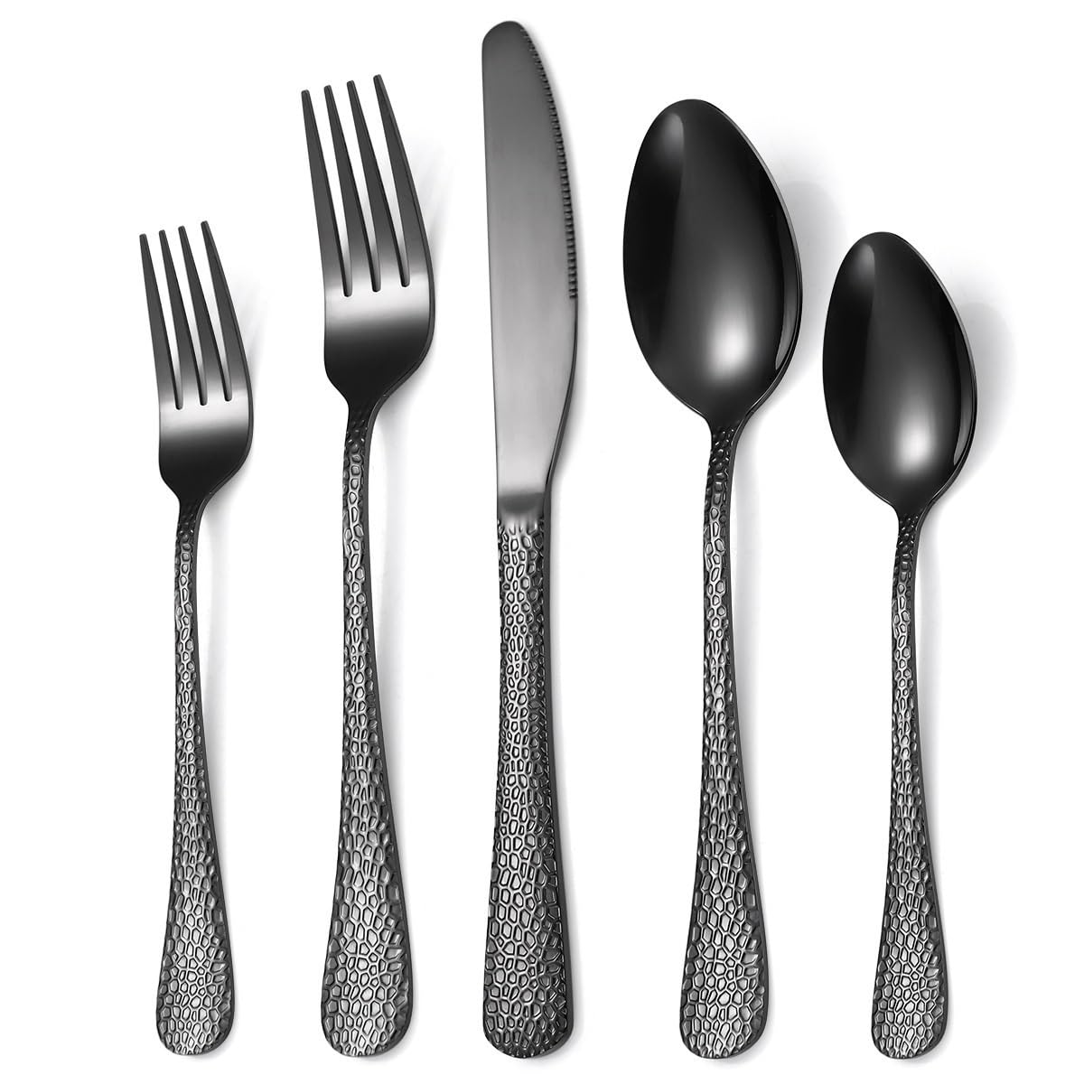 OLSKFUH Cutlery Flatware Cutlery Set, 5/20/30/40/50/60 Pieces Creative Steak Knives, Forks And Spoons With Hammered Handles, Golden Stainless Steel Knives And Forks,Black-8Set-40Pcs