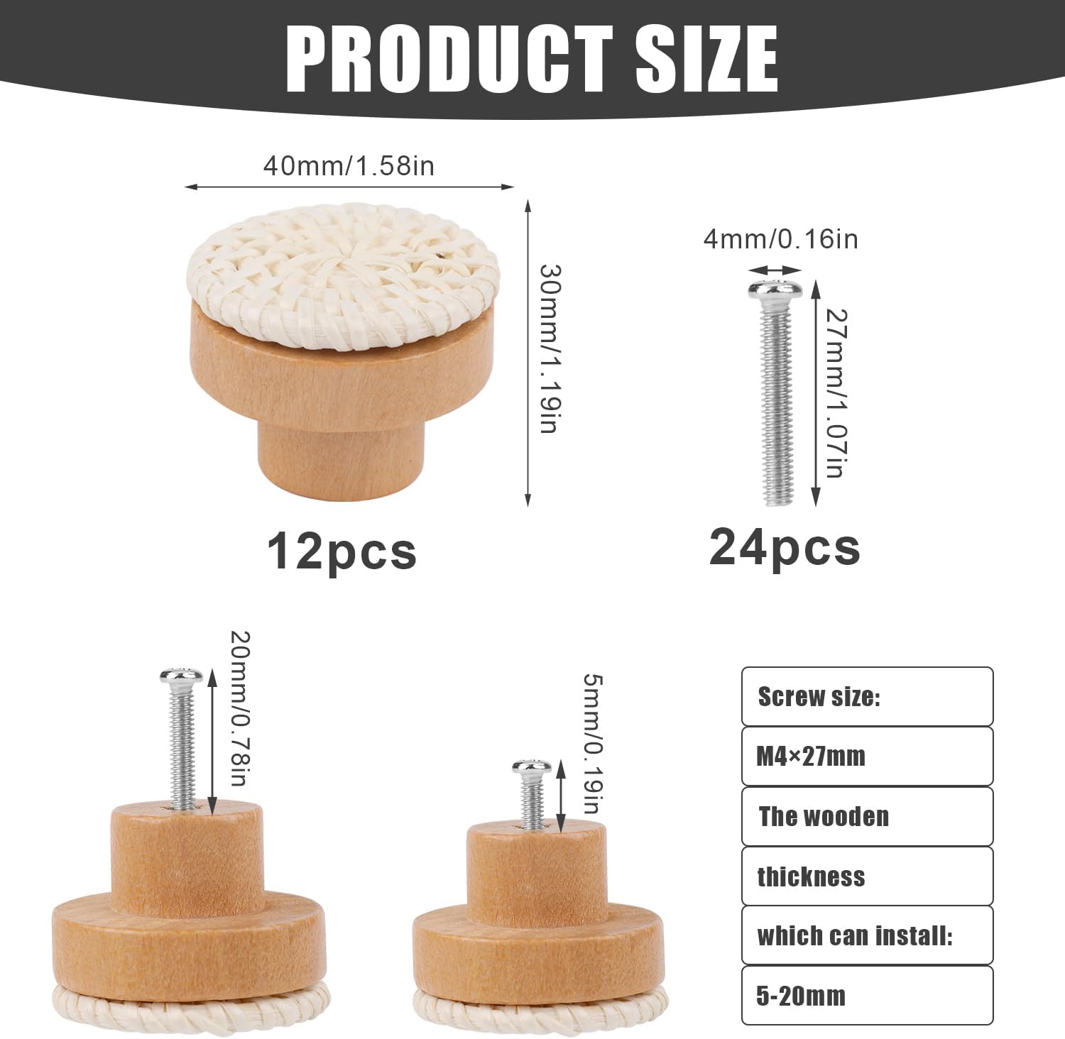 NQEUEPN 12pcs Wood Drawer Knobs with 24 Screws, Wooden Knobs Round Boho Rattan Drawer Pulls with Screws for Cabinets Dresser Handles Boho Wood Furniture (White)