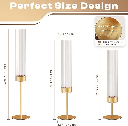Miniatura 5 de Portavelas dorados de huracán candelabros altos estriados para boda, latón, portavelas cónico moderno, decoración para centro de mesa, fiesta de