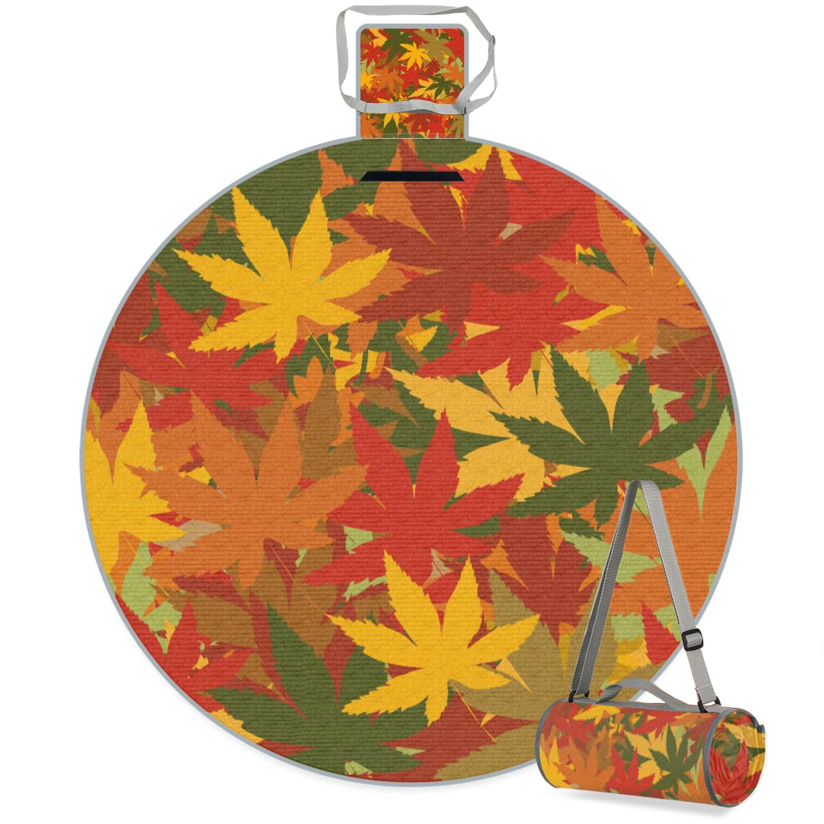 Shimoshe Colorful Maple Leaves Picnic Outdoor Blanket Foldable Waterproof Sandproof Beach Blanket Portable Water-Resistant Round Picnic Mat for Travel Camping Park Lawn