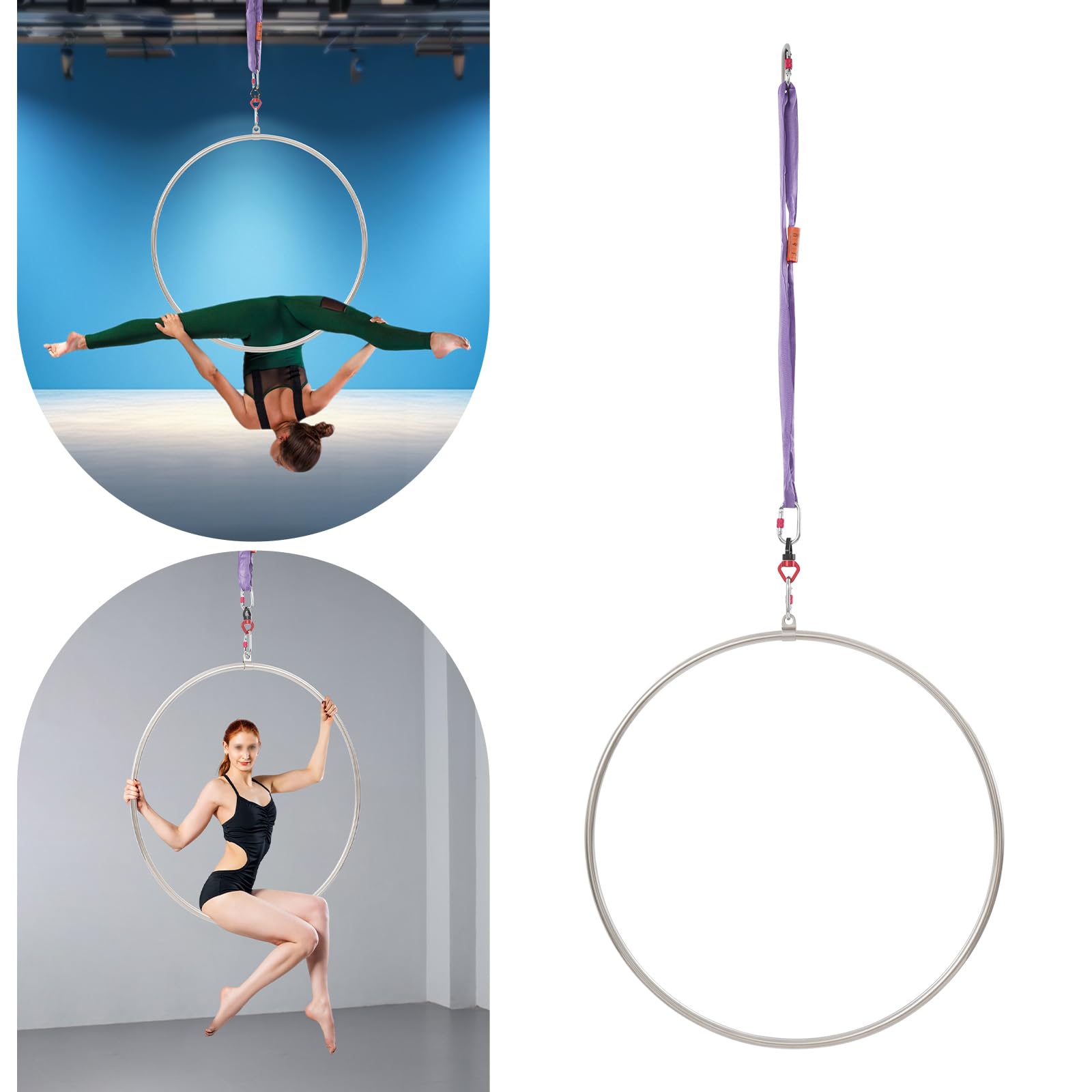 Aerial Dance Circus Anillo para Yoga Acrobacia, Gimnasia, Acero Inoxidable, Anillo de Aire con Articulación Giratoria 360° y 3 Mosquetones (25 kN) para Air Yoga, Acrobacia, Fitness