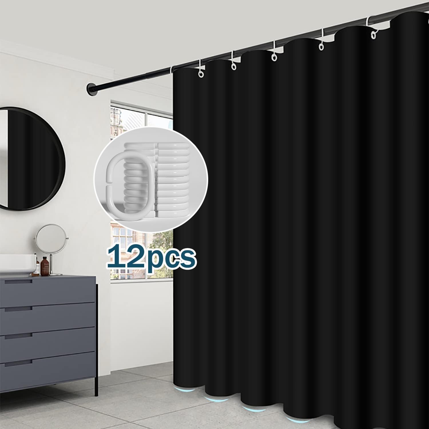 FSTIANXIA Shower Curtain for Bathroom,PEVA Fabric Curtain Bathroom Curtain with Grommets & Hooks,Washable Mould Proof Mildew Resistant (Black - Image 4