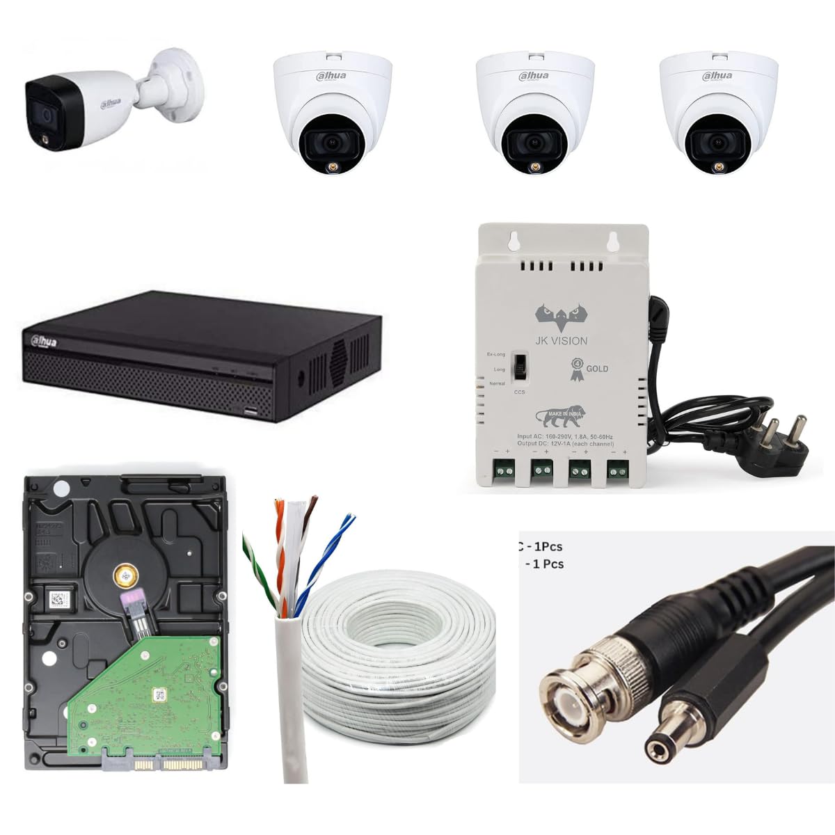 Dahua 2MP with Color HD CCTV Camera Full Set 1 Bullet 3 Dome 4 Channel DVR JK Vision Power Supply 1TB Hard Disk 90 Meter Cable BNC/DC Connector-picture-19