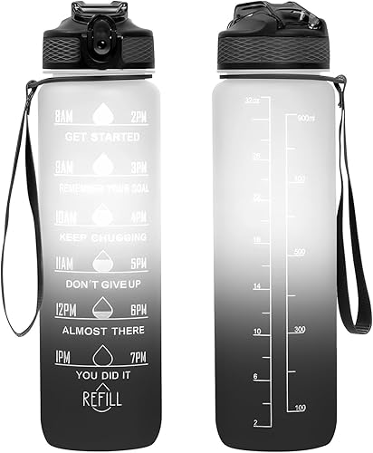 32 oz Water Bottles with Times to Drink and Straw, Motivational Water Bottle with Time Marker, Leakproof & BPA Free, Drinking Sports Water Bottle