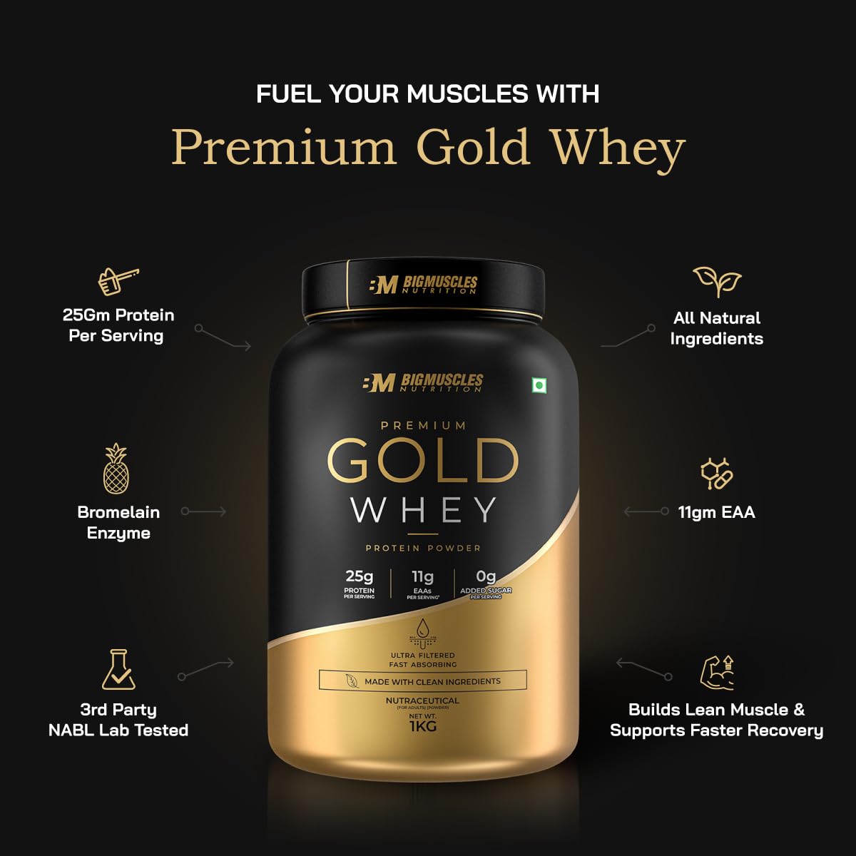 Bigmuscles Nutrition Premium Gold Whey [1Kg, Malai Kulfi] Informed Choice UK Certified | Isolate Whey Protein Blend | 25g Protein | Natural Ingredients Only — Amazon image 2