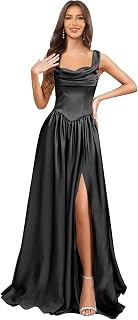 Spaghetti Strap Satin Prom Dresses for Women with Slit Square Neck Aline Maxi Formal Dress DR10